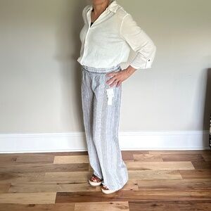 Navy Blue Striped Linen Pants